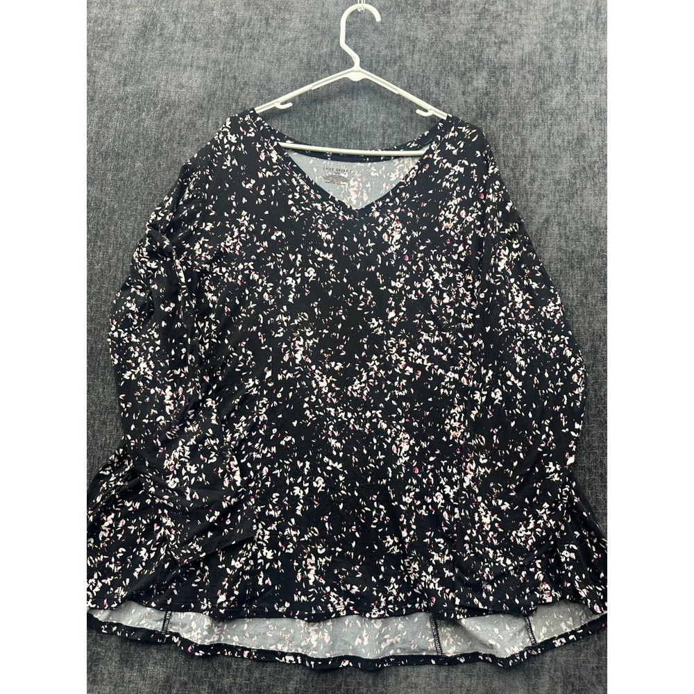 Lane Bryant Blouse Top Women 26/28 Black Ditsy Floral Stretch Long Sleeve V-Neck
